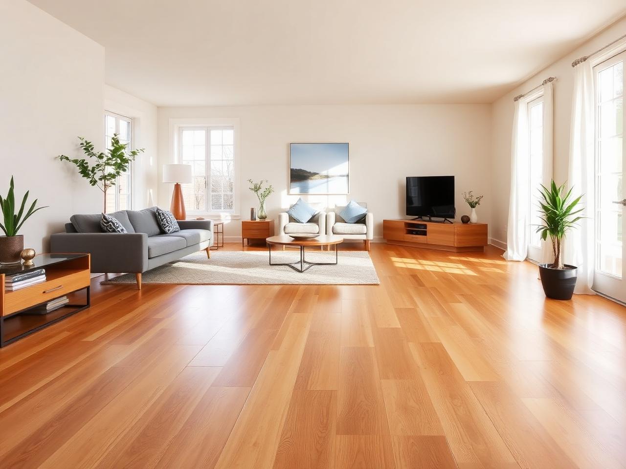 Wide-plank hardwood floor in a sunlit living room